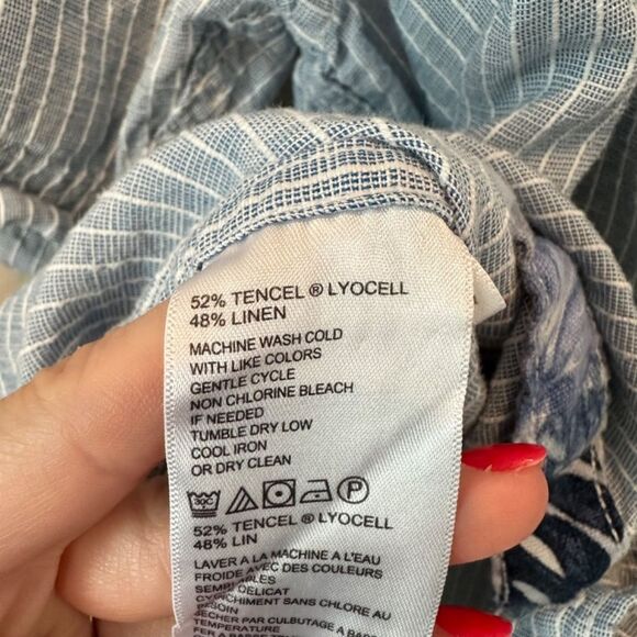 Tommy Bahama Blue White Stripe Linen Blend Short Sleeve Button Front Shirt L EUC - Picture 5 of 7